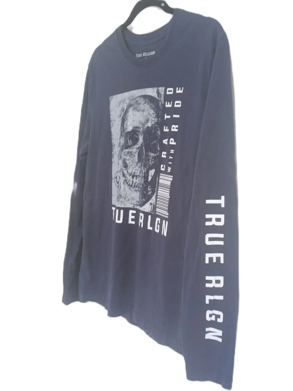 True Religion Navy Blue Skull Graphic Long Sleeve Crewneck Tee Shirt Size M